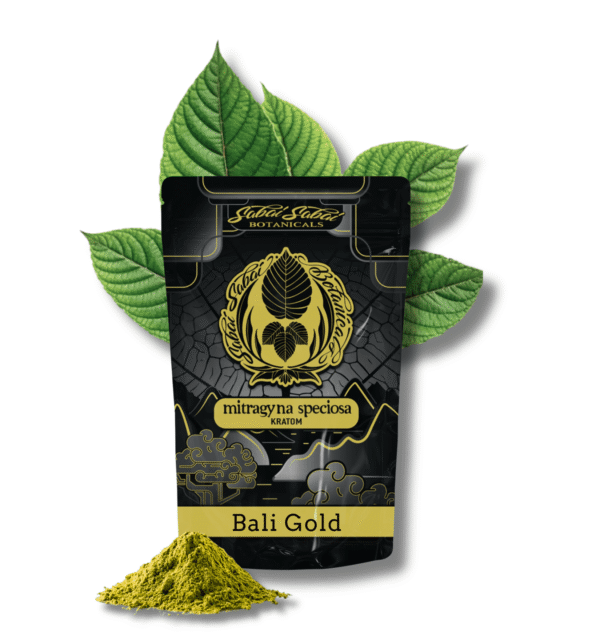A black and gold package that contains Bali Gold Kratom