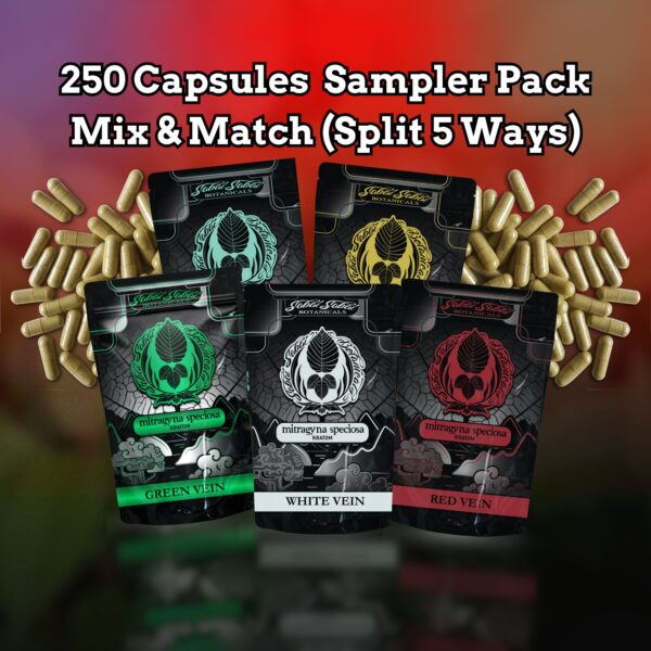 A variety of five different colored bags to showcase a kratom capsule split pack