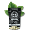 A black bag of white Hulu kratom in front of leaves