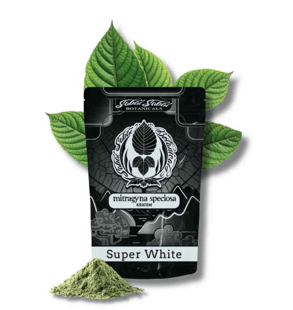 A black and white bag of super white kratom powder